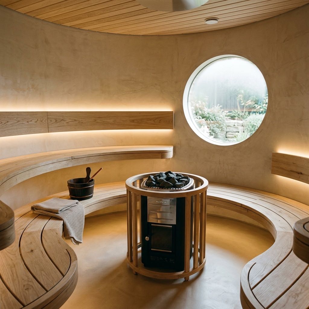 Circular sauna microcement interior with oak benches