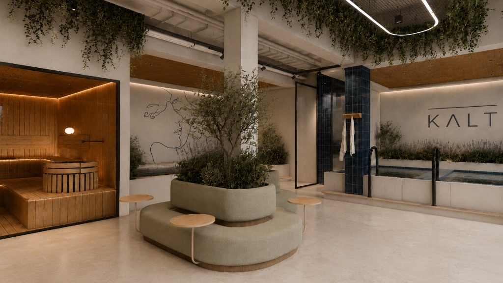 KĀLT main space overview — sauna, olive tree lounge, and cold plunge pools