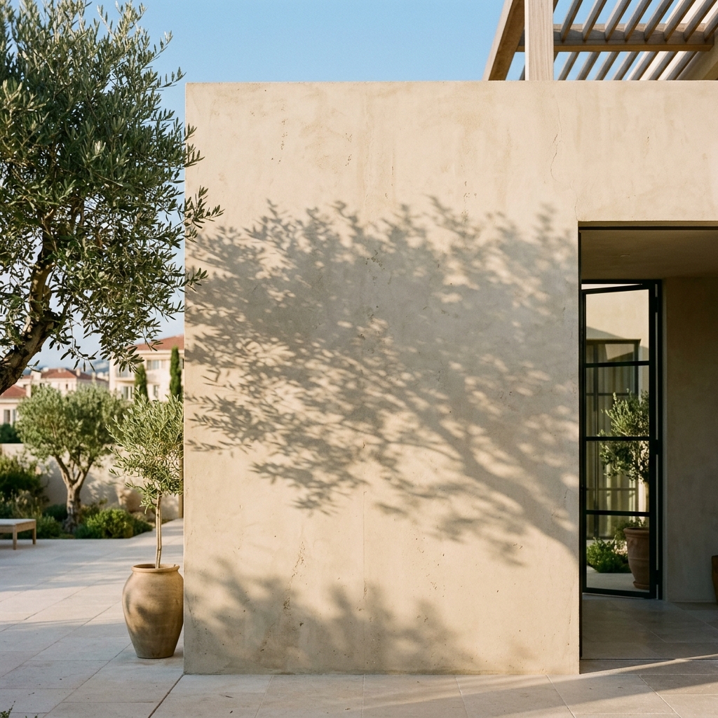 Sunlight casting tree shadows on a warm microcement wall
