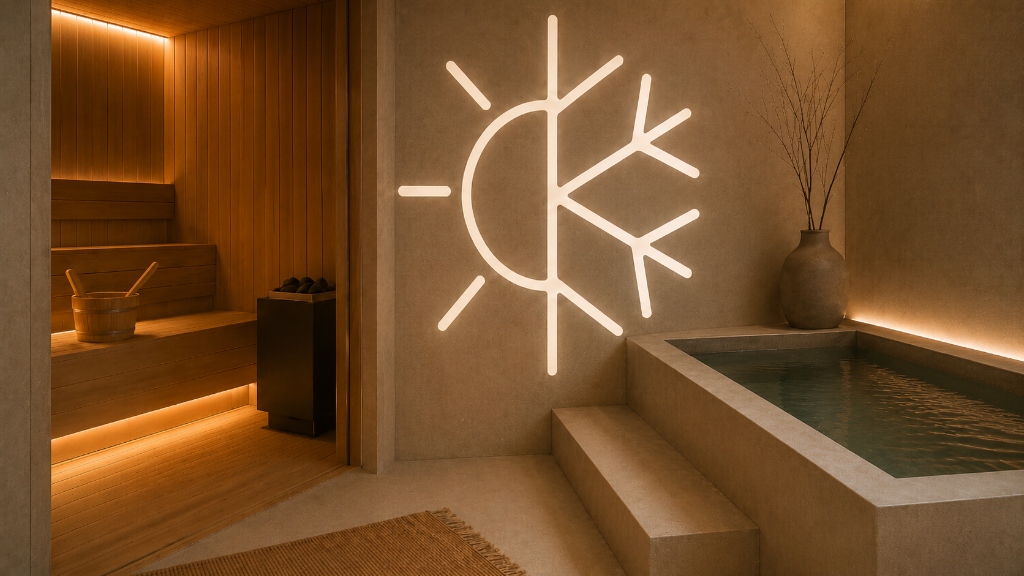 Minimalist wooden circular sauna and microcement cold plunge well